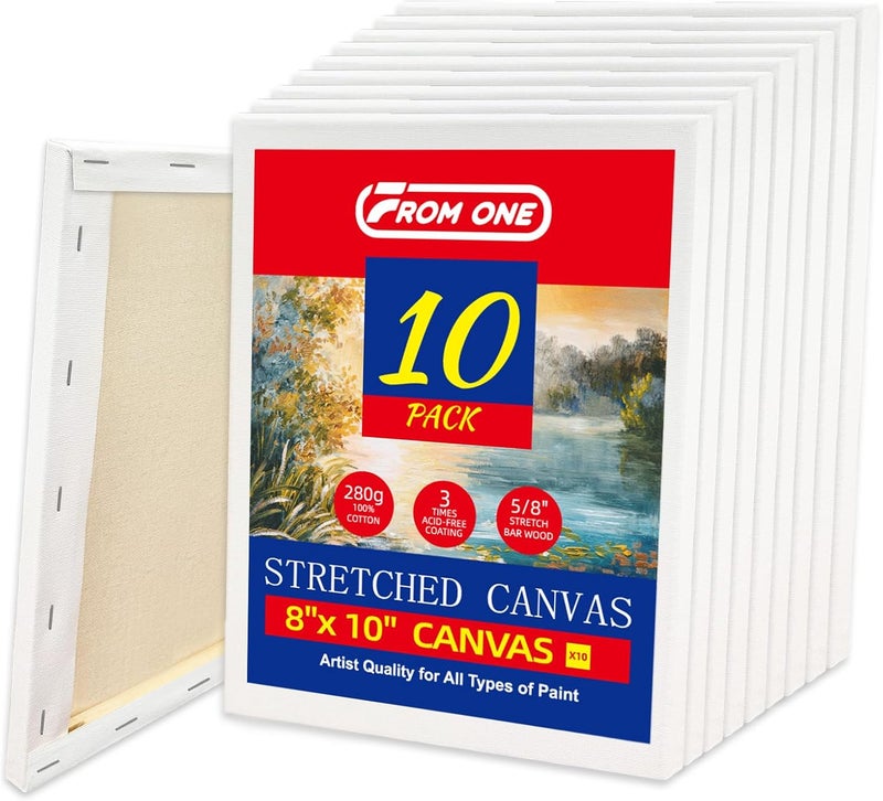 FROM ONE 10-Pack 8x10 Stretched Canvas – 100% Cotton with Cottonseed Husk, 5/8” Deep Wood Frame, Triple Primed Acid-Free White Canvas, Ideal for Acrylics, Oils, Gouache & Tempera (Beginners, Students) - Image 1